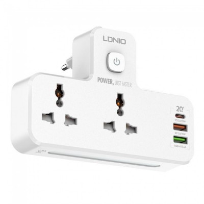 Сетевой фильтр разветвитель LDNIO SC2311 HUB 2 розетки + Type-C 20W (для iPhone) + USB 18W QC + USB 2.4A + фонарик