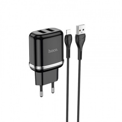 Сетевое зарядное устройство Hoco N4 (комплект с кабелем Lightning, для iPhone) 2USB, 2,4A Black