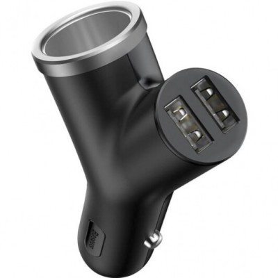 Зарядное устройство в авто с дополнительным разьемом прикуривателя и 2USB Baseus Y type dual USB+cigarette lighter Black