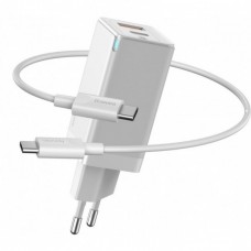 Быстрое сетевое зарядное устройство Baseus GaN2 Quick Charger 45W Type-C + USB-A (с кабелем Type-C to Type-C на 60W) White