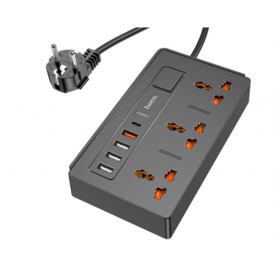 Удлинитель сетевой Hoco DC15 2500W 2 метра 3 EU розетки + 4USB + Type-C QC3.0 3A/30W Black