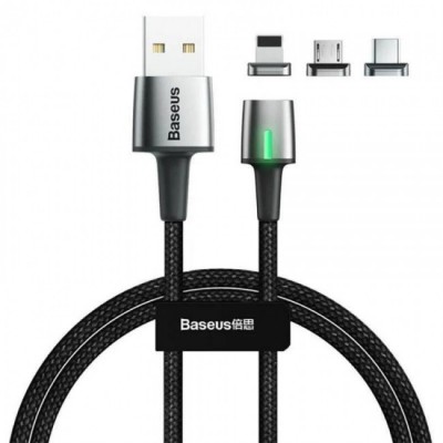 Магнитный кабель с оплеткой 3в1 (MicroUSB, Type-C, Lightning) Baseus Zinc Magnetic Kit 1m Black