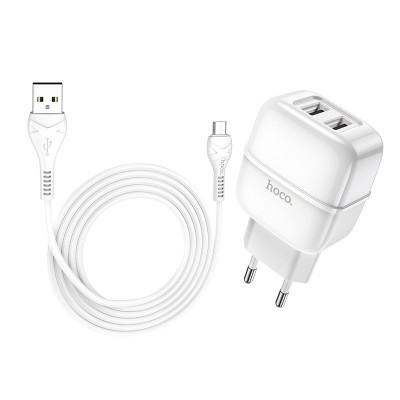 Сетевое зарядное устройство Hoco C77A (2USB) с кабелем MicroUSB White