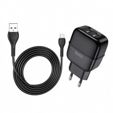 Сетевое зарядное устройство Hoco C77A (2USB) с кабелем Type-C Black