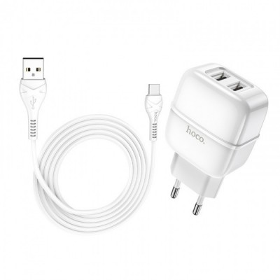 Сетевое зарядное устройство Hoco C77A (2USB) с кабелем Type-C White