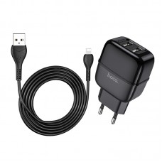 Сетевое зарядное устройство Hoco C77A (2USB) с кабелем Lightning Black