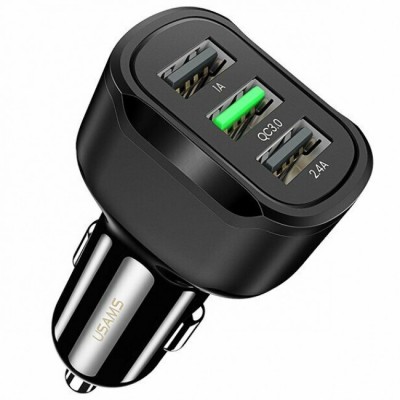 Зарядное устройство для телефона в авто Usams US-CC100-1 C17 (3 USB 1A, 2.4A, QC3.0) Black