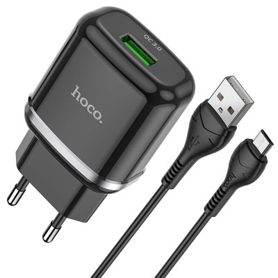Сетевое зарядное устройство Hoco N3 (комплект с кабелем MicroUSB) 1USB, QC3.0 Black