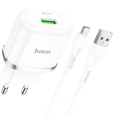 Сетевое зарядное устройство Hoco N3 (комплект с кабелем MicroUSB) 1USB, QC3.0 White