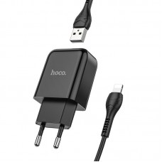 Сетевое зарядное устройство Hoco N2 (комплект с кабелем Lightning, для iPhone) 1USB, 2,1A Black
