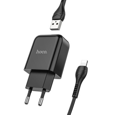 Сетевое зарядное устройство Hoco N2 (комплект с кабелем Lightning, для iPhone) 1USB, 2,1A Black